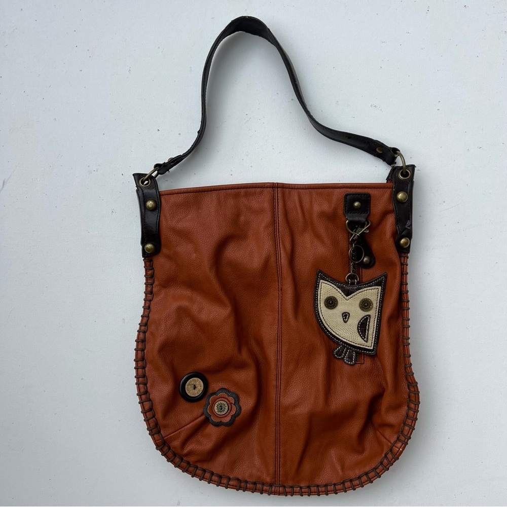 Brown shoulder bag with buttons and owl bag